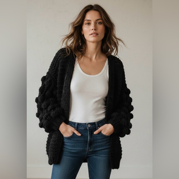 RACHEAL Chunky Black Bubble Sleeve Cardigan - Oversized Boho Knit - Size M - Picture 1 of 9